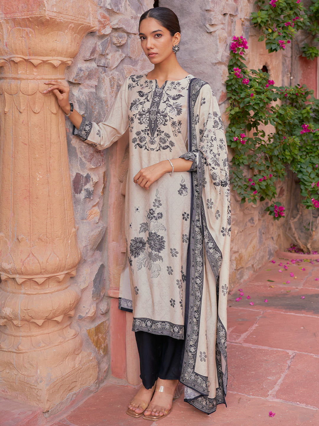 Monochrome Printed Silk Blend Straight Suit With Dupatta