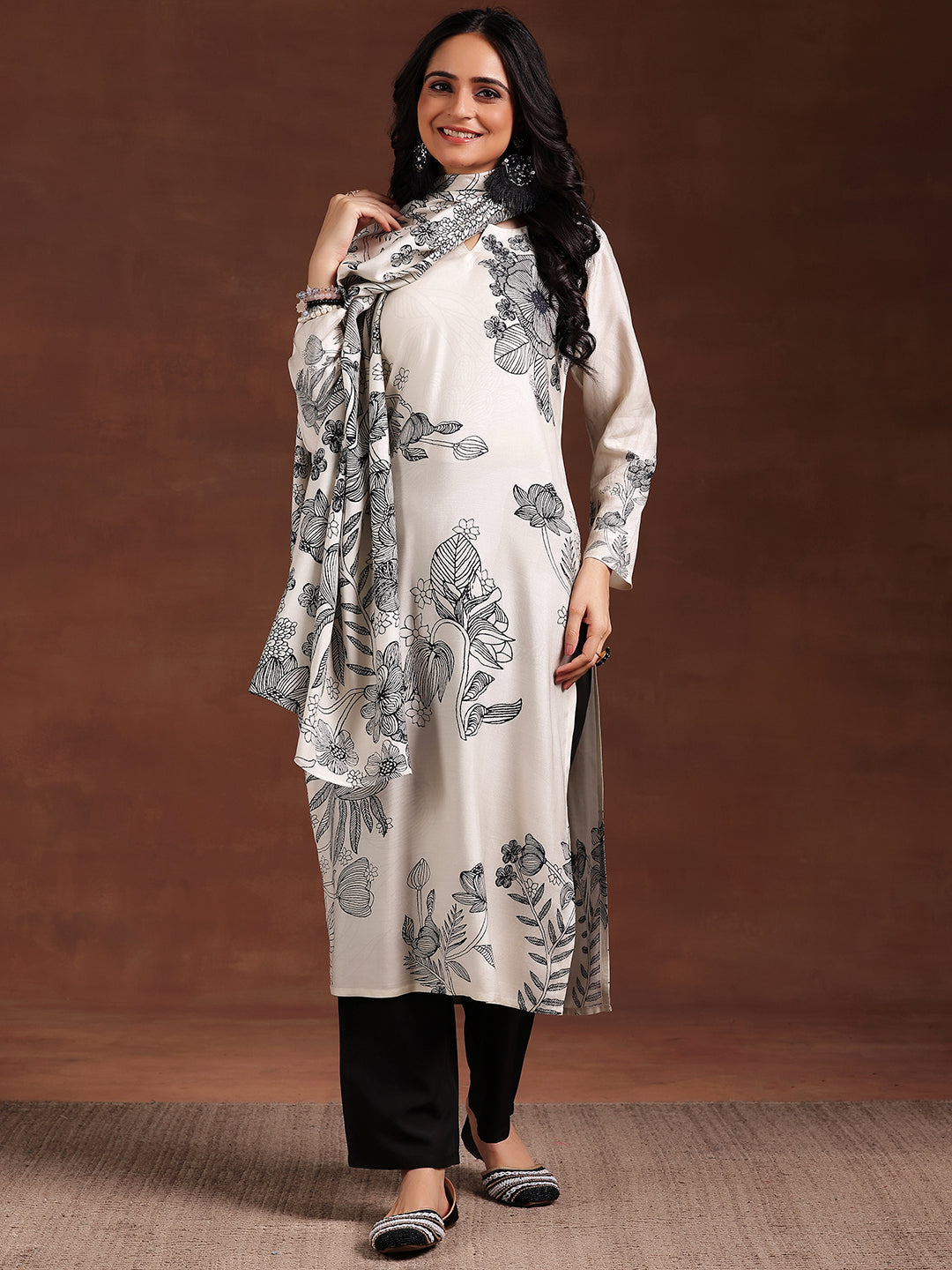 Monochrome Printed Silk Blend Straight Suit With Dupatta