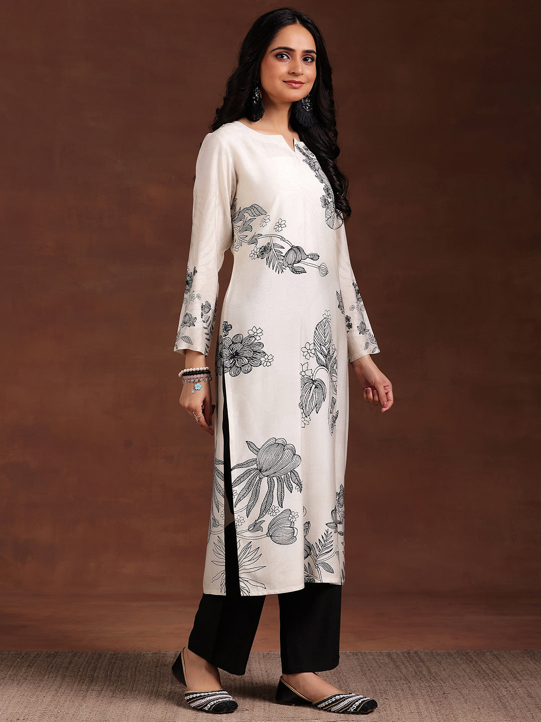 Monochrome Printed Silk Blend Straight Suit With Dupatta