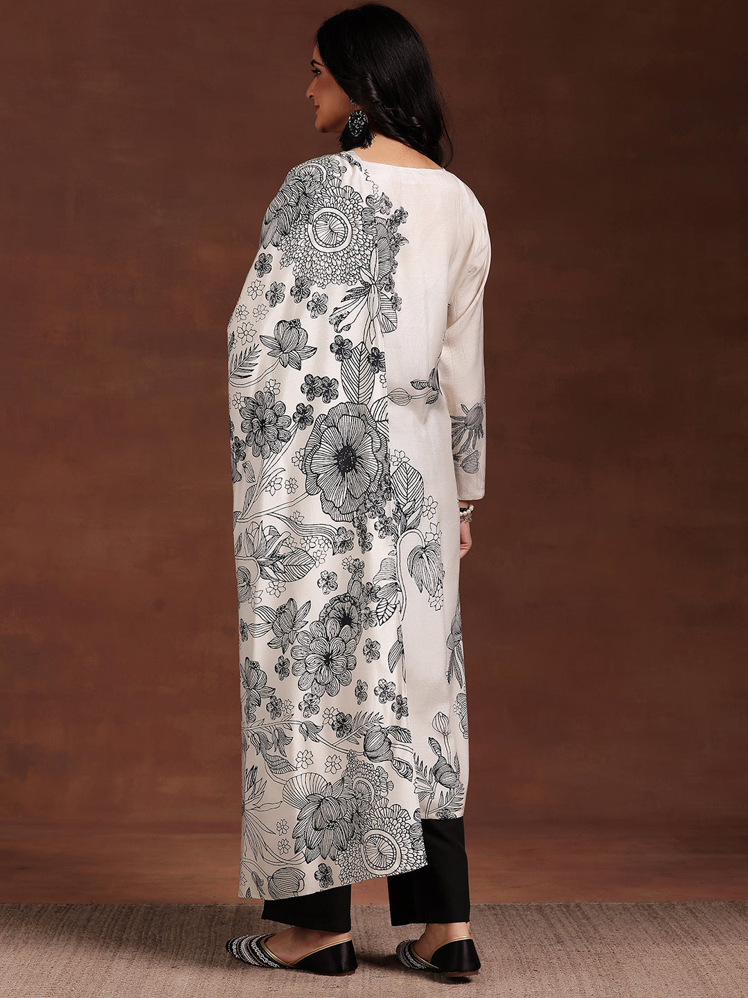 Monochrome Printed Silk Blend Straight Suit With Dupatta