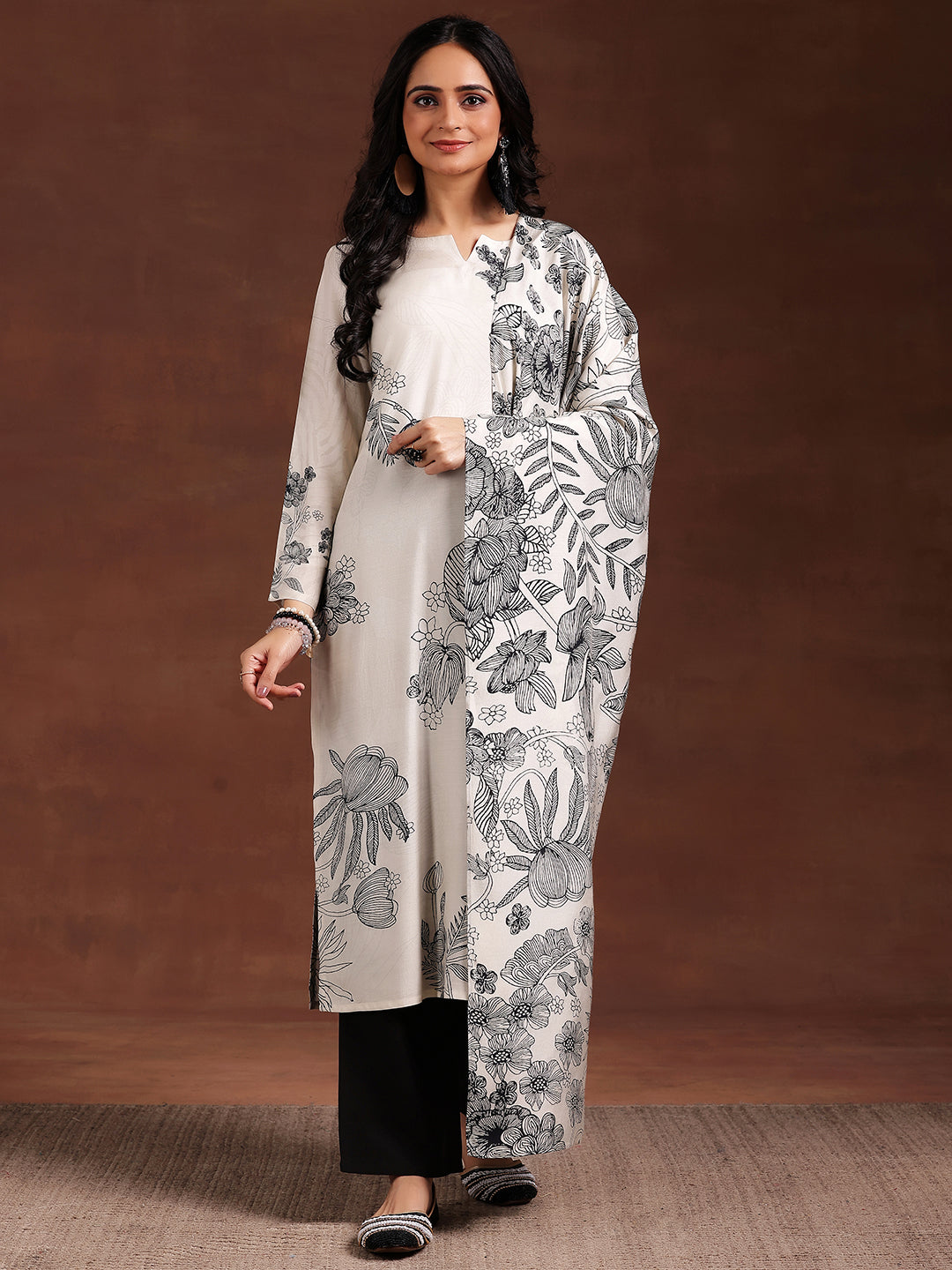 Monochrome Printed Silk Blend Straight Suit With Dupatta