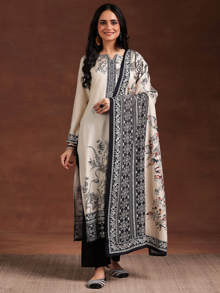 Monochrome Printed Silk Blend Straight Suit With Dupatta