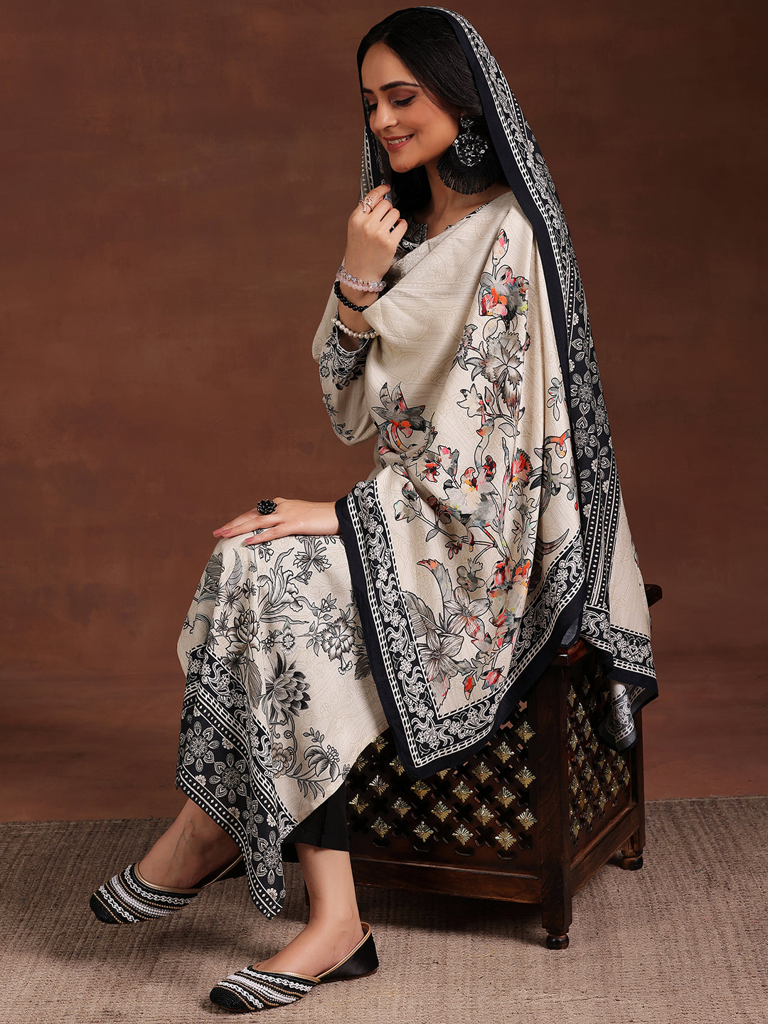 Monochrome Printed Silk Blend Straight Suit With Dupatta