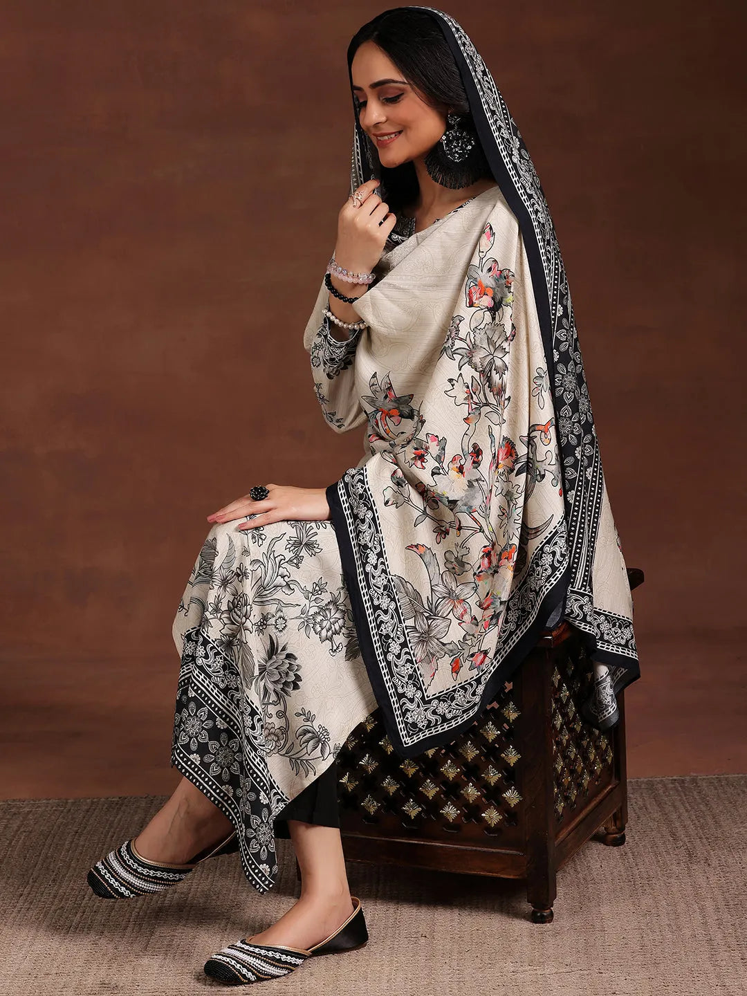 Monochrome Printed Silk Blend Straight Suit With Dupatta