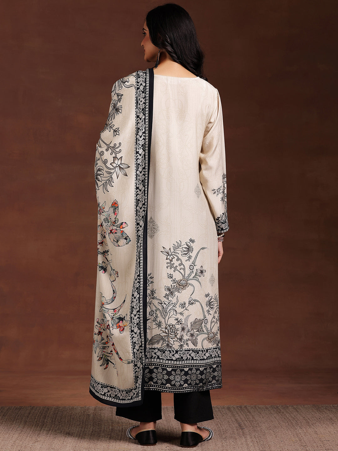 Monochrome Printed Silk Blend Straight Suit With Dupatta