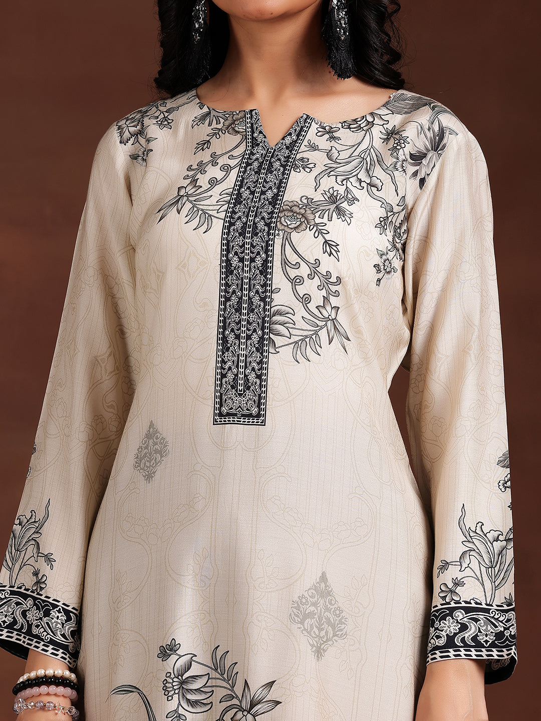 Monochrome Printed Silk Blend Straight Suit With Dupatta