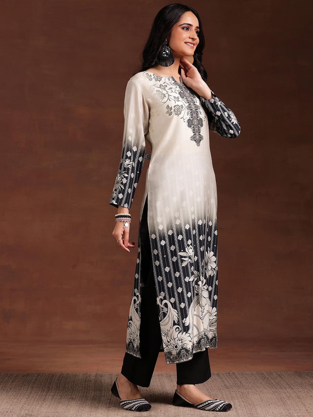 Monochrome Printed Silk Blend Straight Suit With Dupatta