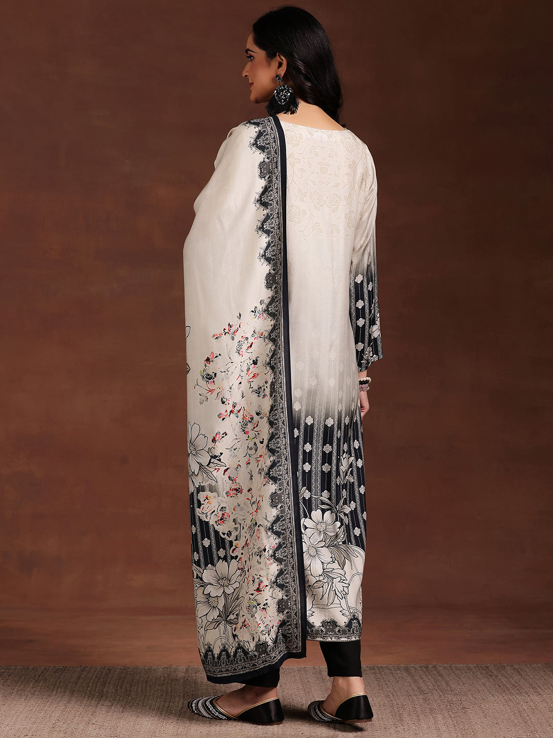 Monochrome Printed Silk Blend Straight Suit With Dupatta