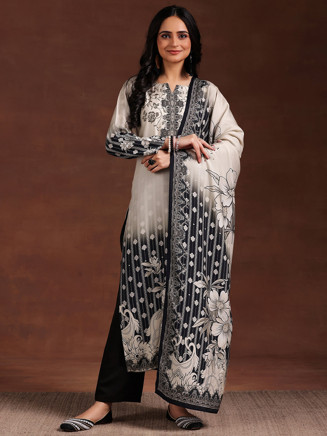 Monochrome Printed Silk Blend Straight Suit With Dupatta