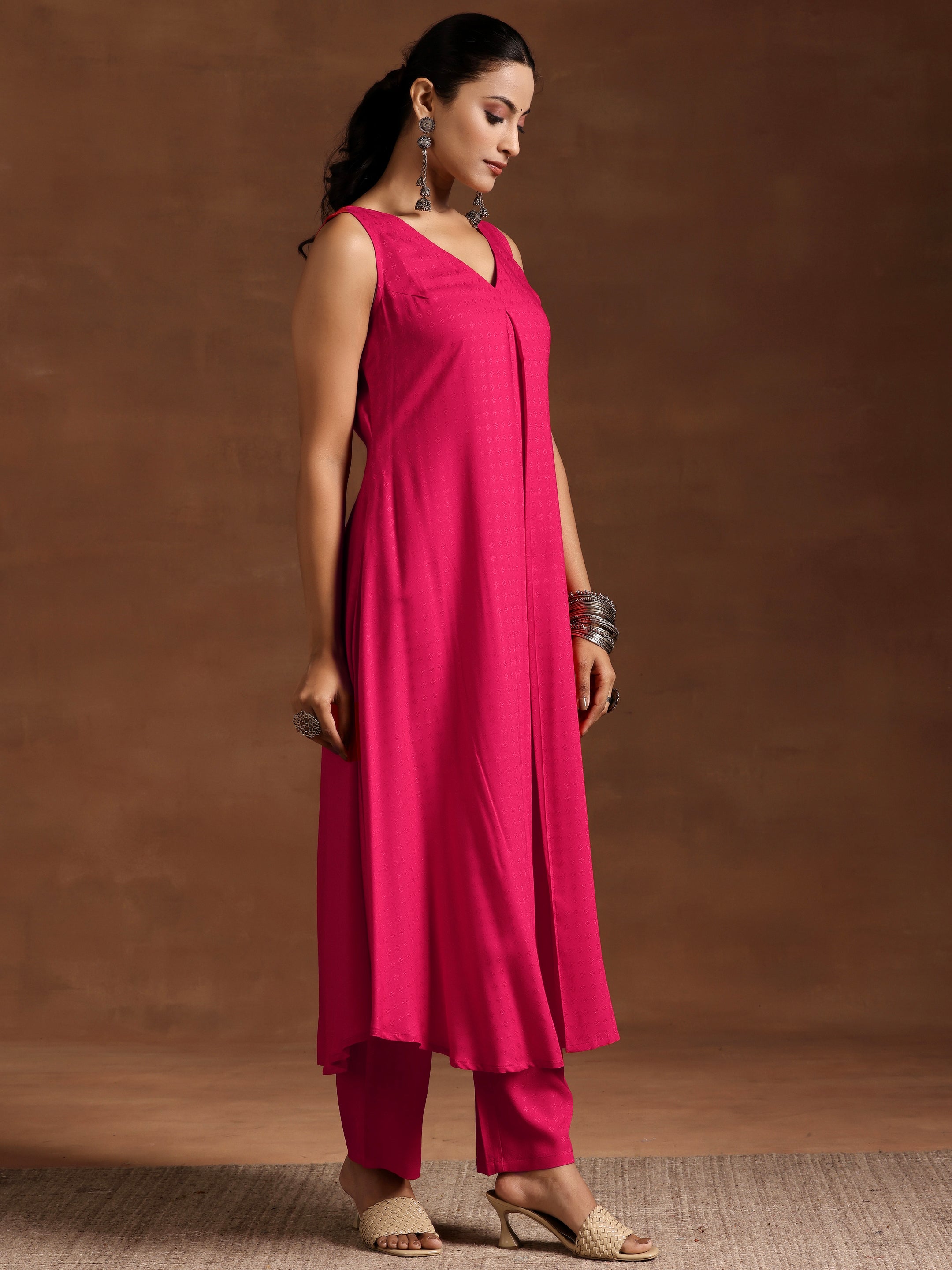 Pink Woven Design Rayon A-Line Kurta With Trousers