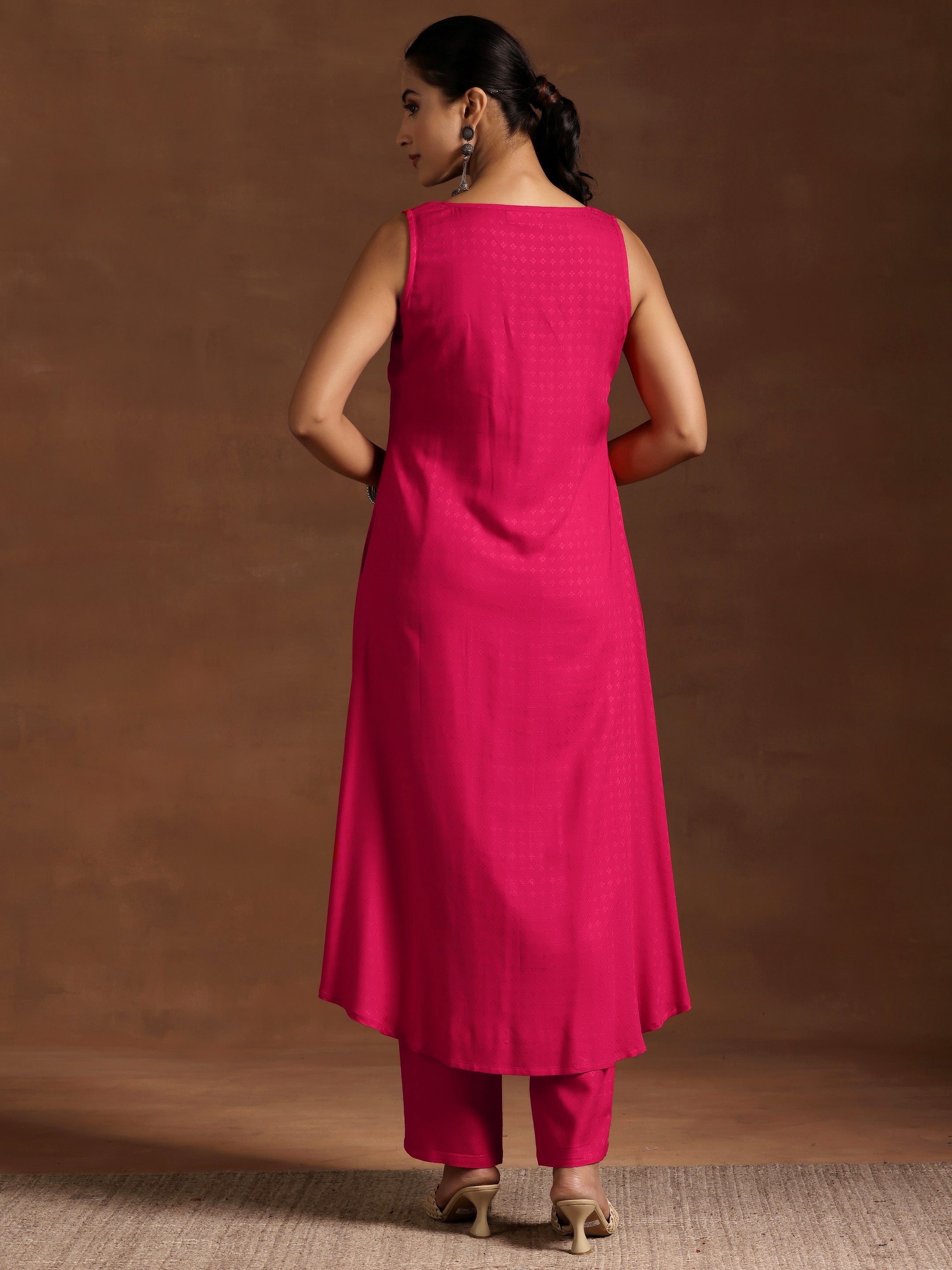 Pink Woven Design Rayon A-Line Kurta With Trousers