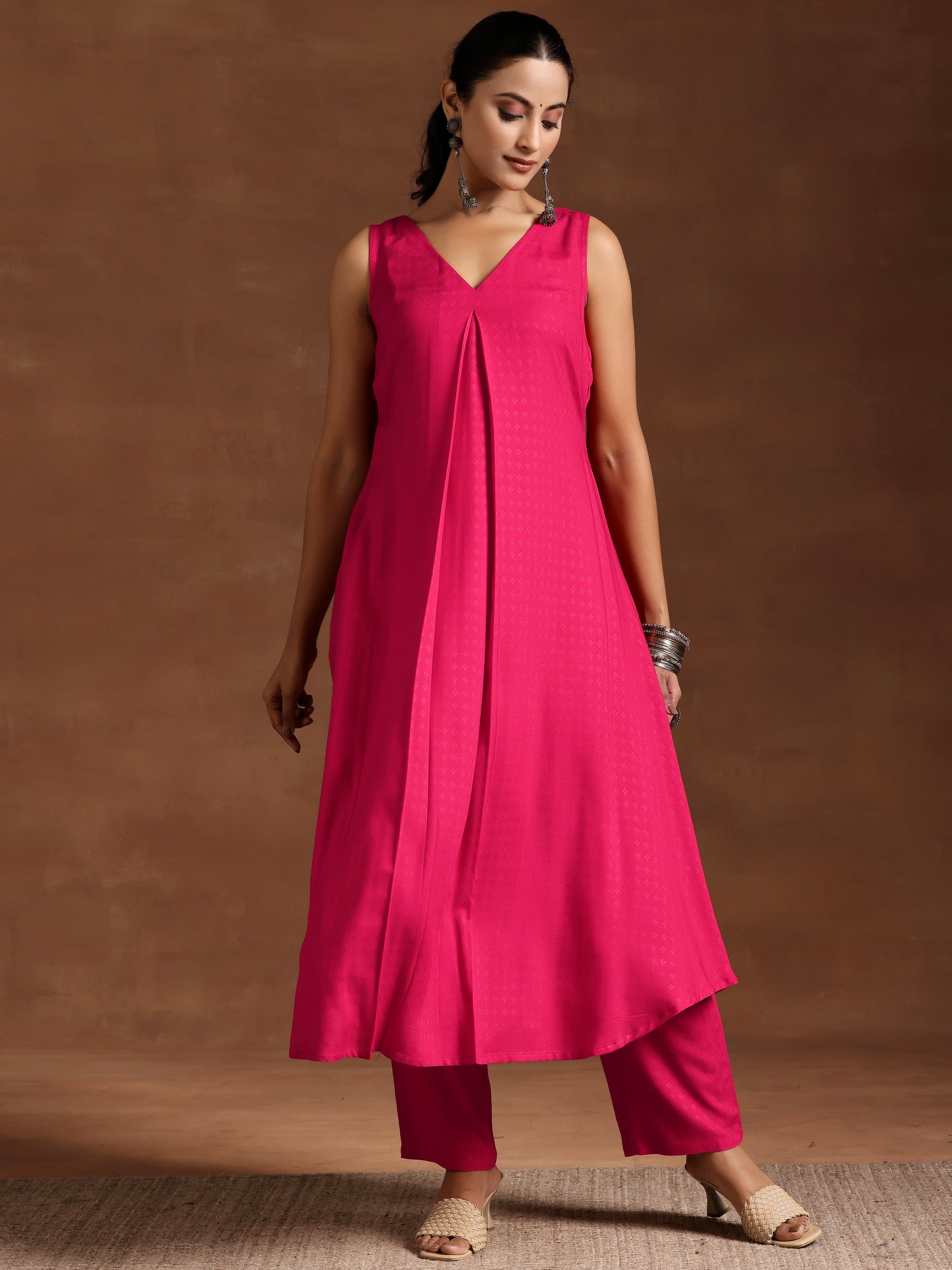 Pink Woven Design Rayon A-Line Kurta With Trousers