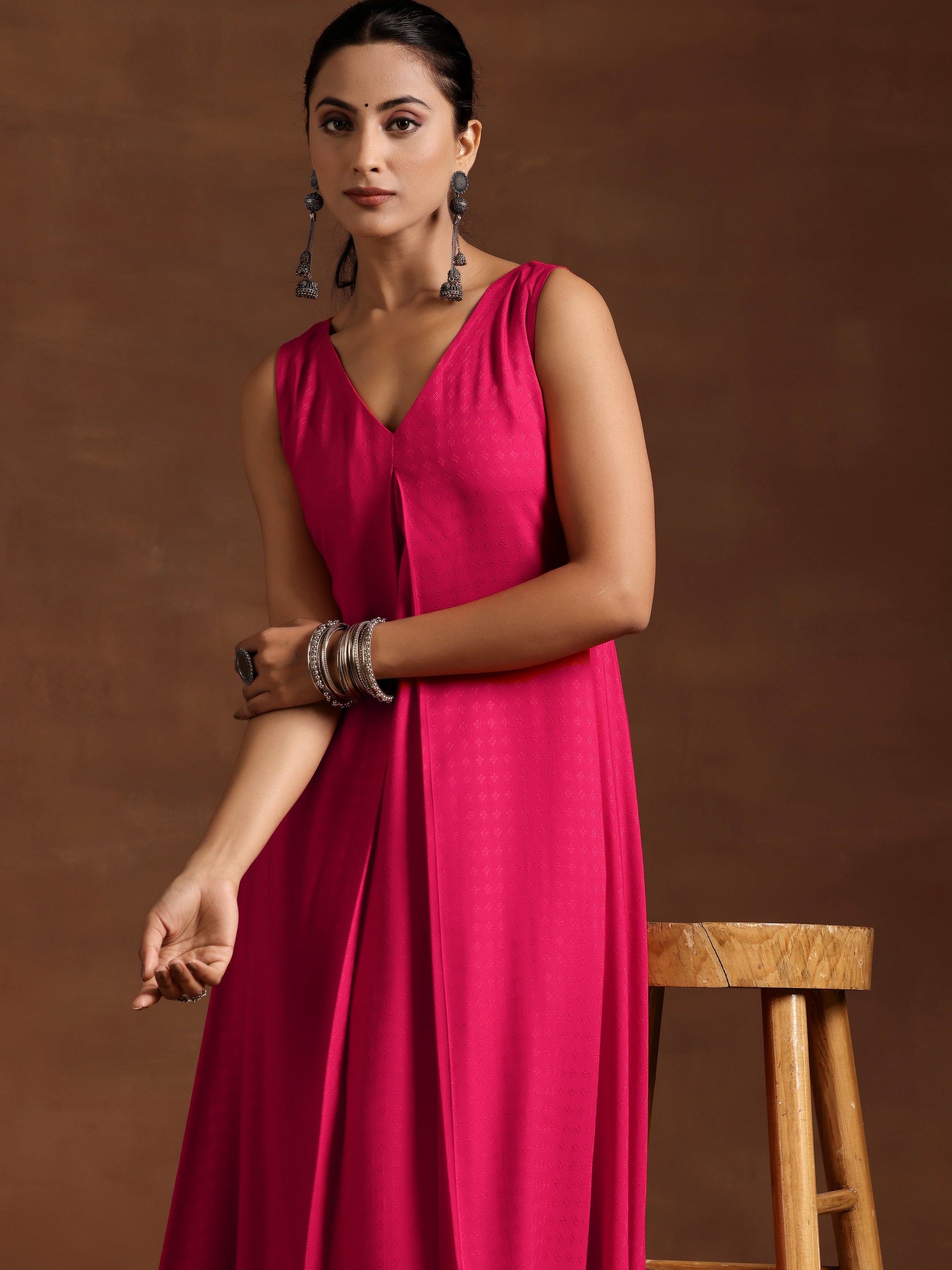 Pink Woven Design Rayon A-Line Kurta With Trousers