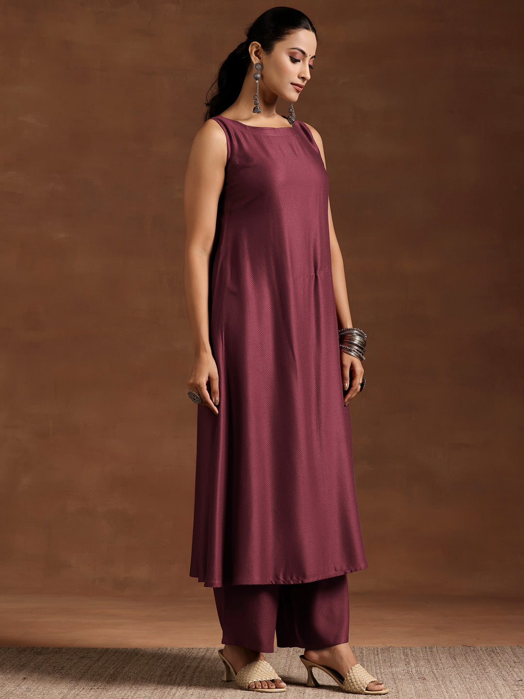 Wine Woven Design Silk Blend A-Line Kurta With Palazzos