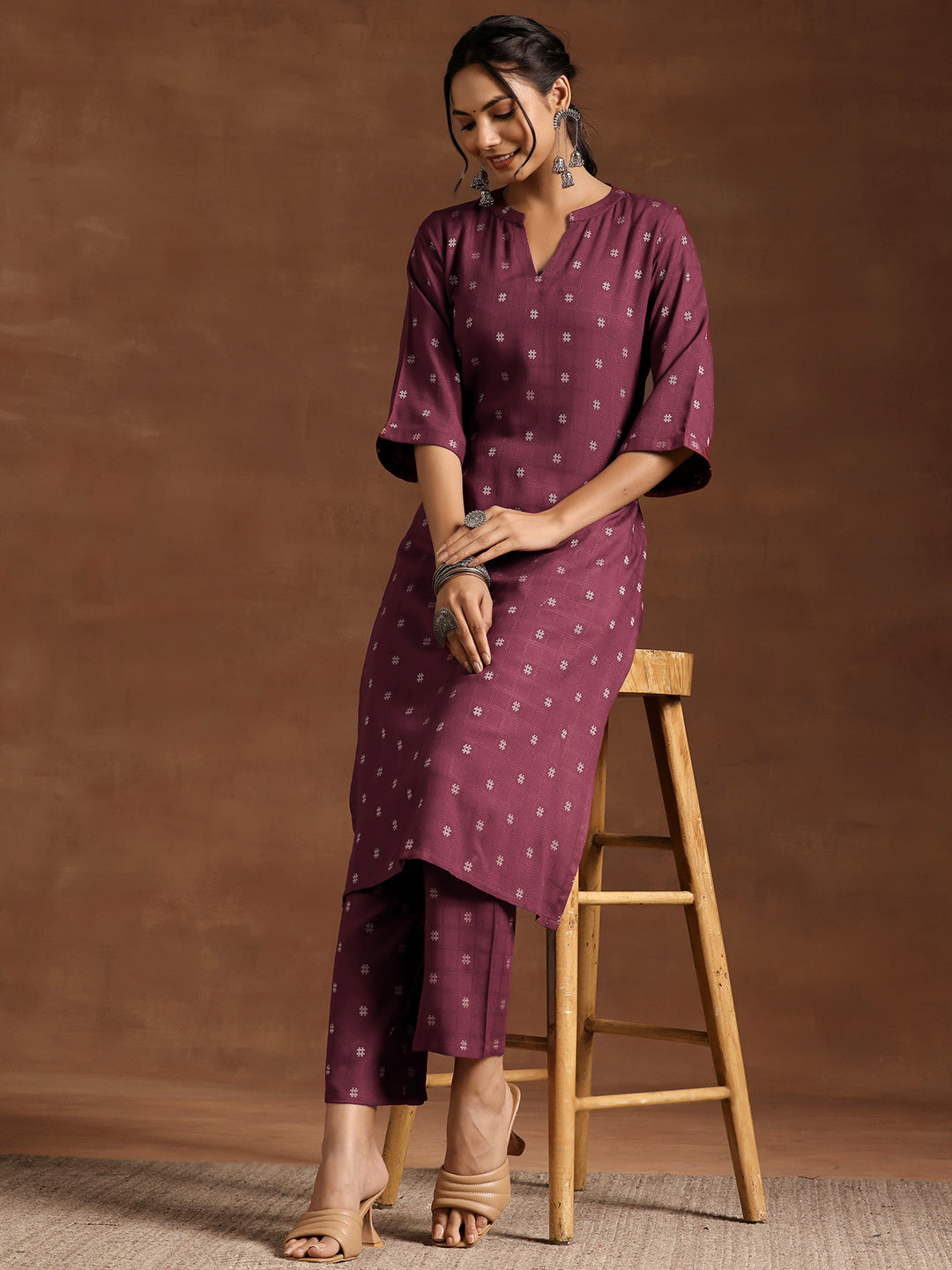 Wine Woven Design Cotton Blend Straight Kurta Set