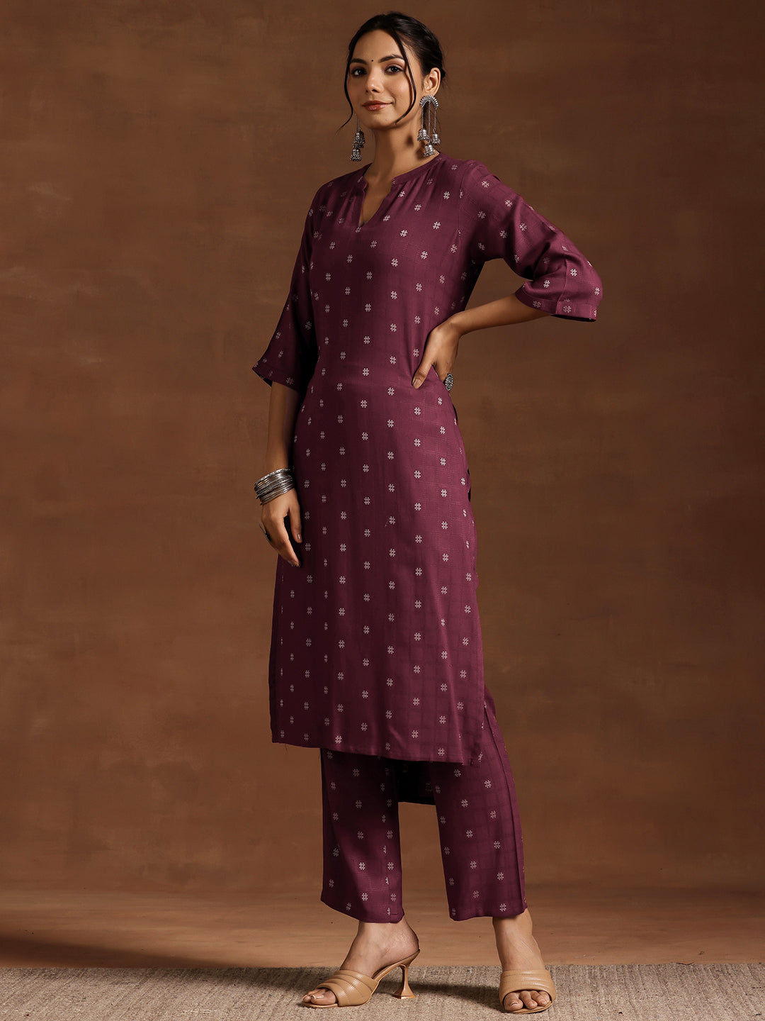 Wine Woven Design Cotton Blend Straight Kurta Set