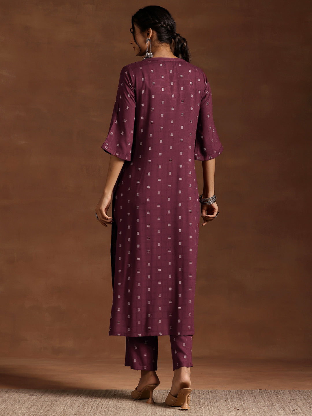 Wine Woven Design Cotton Blend Straight Kurta Set