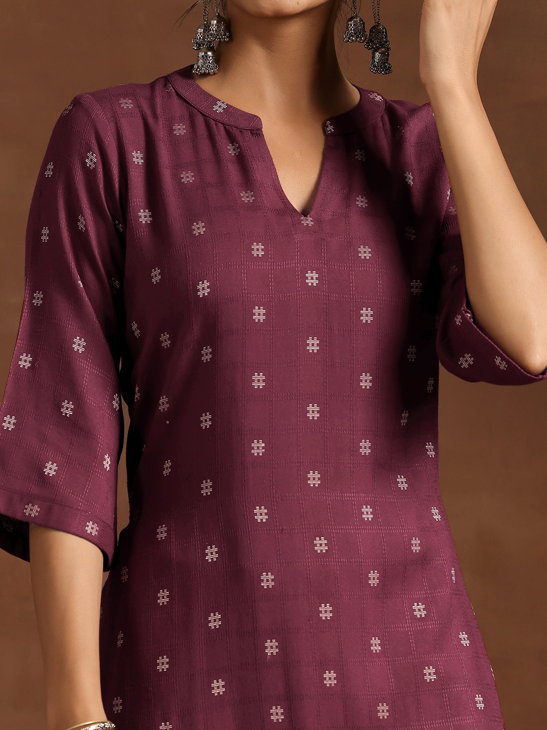 Wine Woven Design Cotton Blend Straight Kurta Set