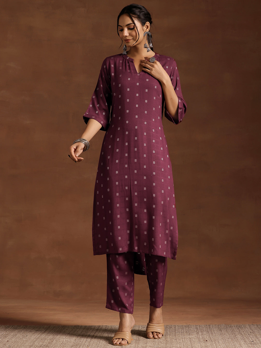 Wine Woven Design Cotton Blend Straight Kurta Set