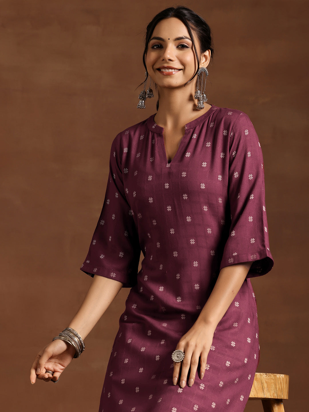 Wine Woven Design Cotton Blend Straight Kurta Set