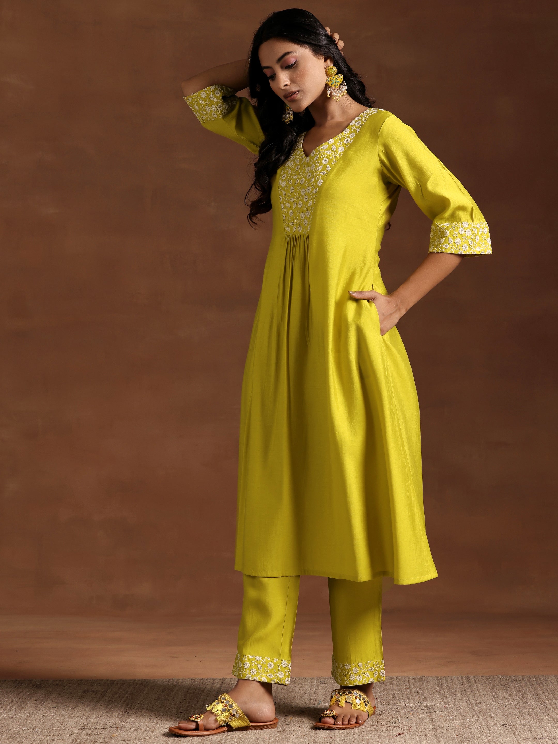 Yellow Yoke Design Silk Blend A-Line Kurta With Trousers