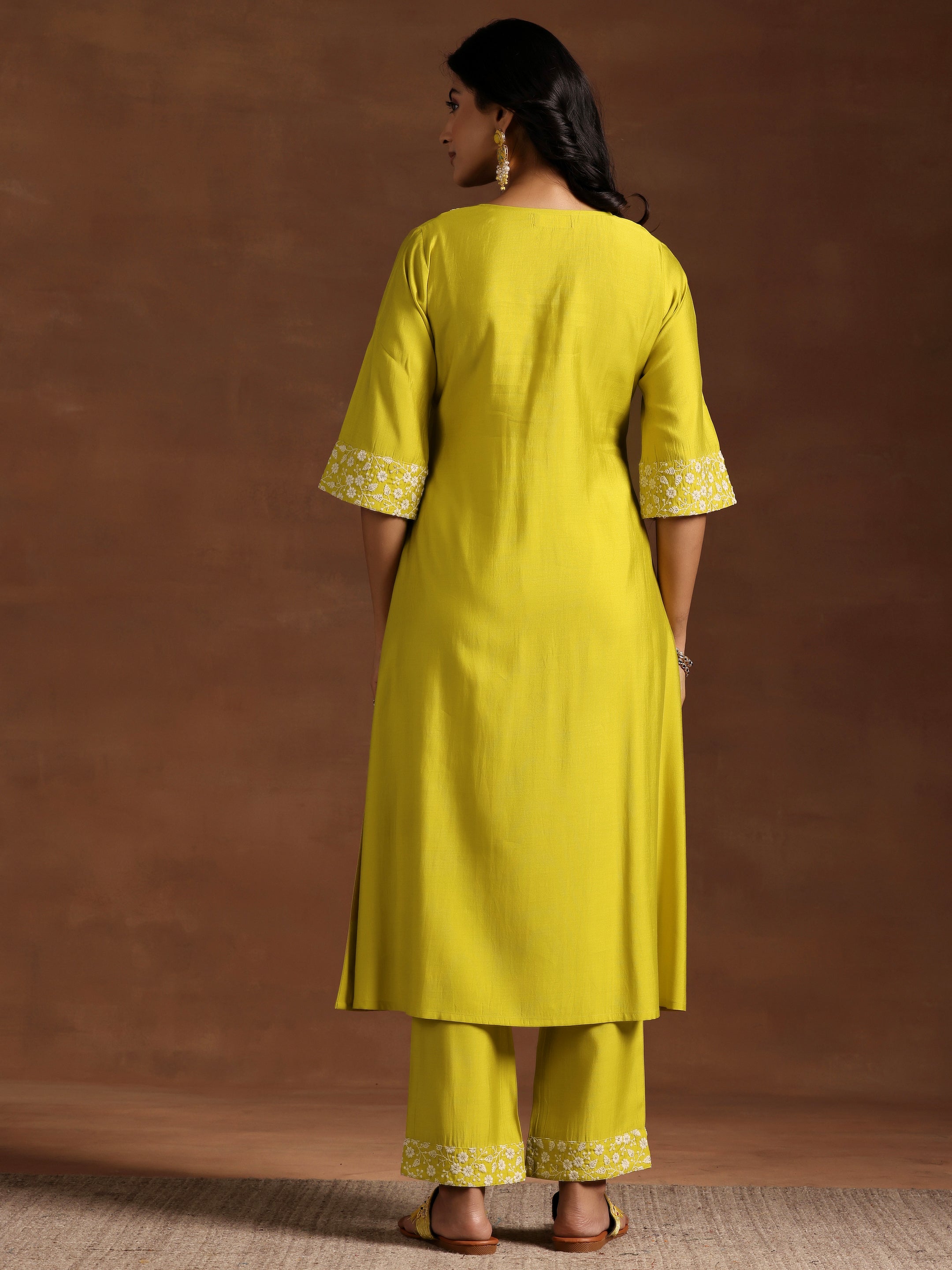 Yellow Yoke Design Silk Blend A-Line Kurta With Trousers