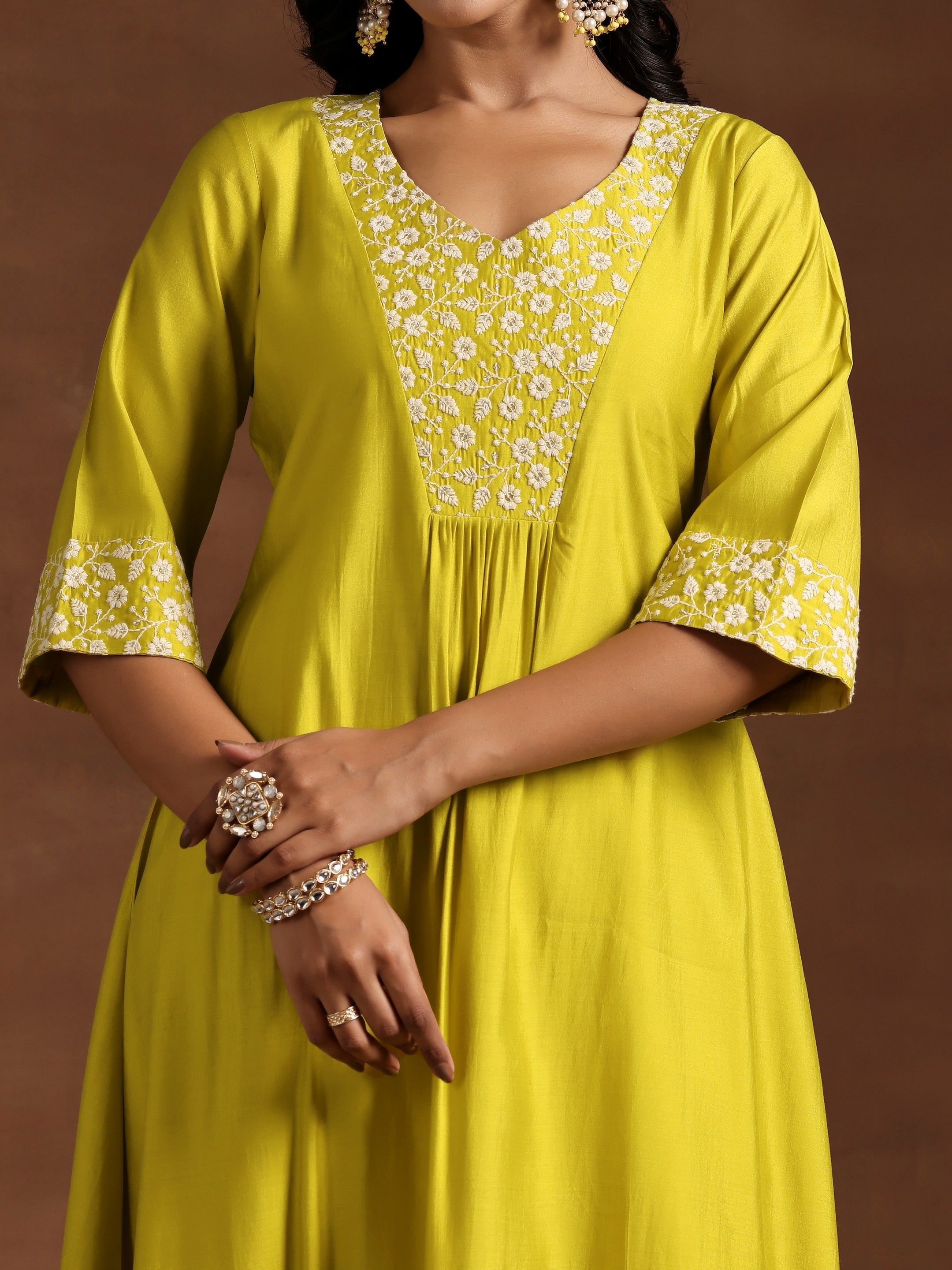 Yellow Yoke Design Silk Blend A-Line Kurta With Trousers