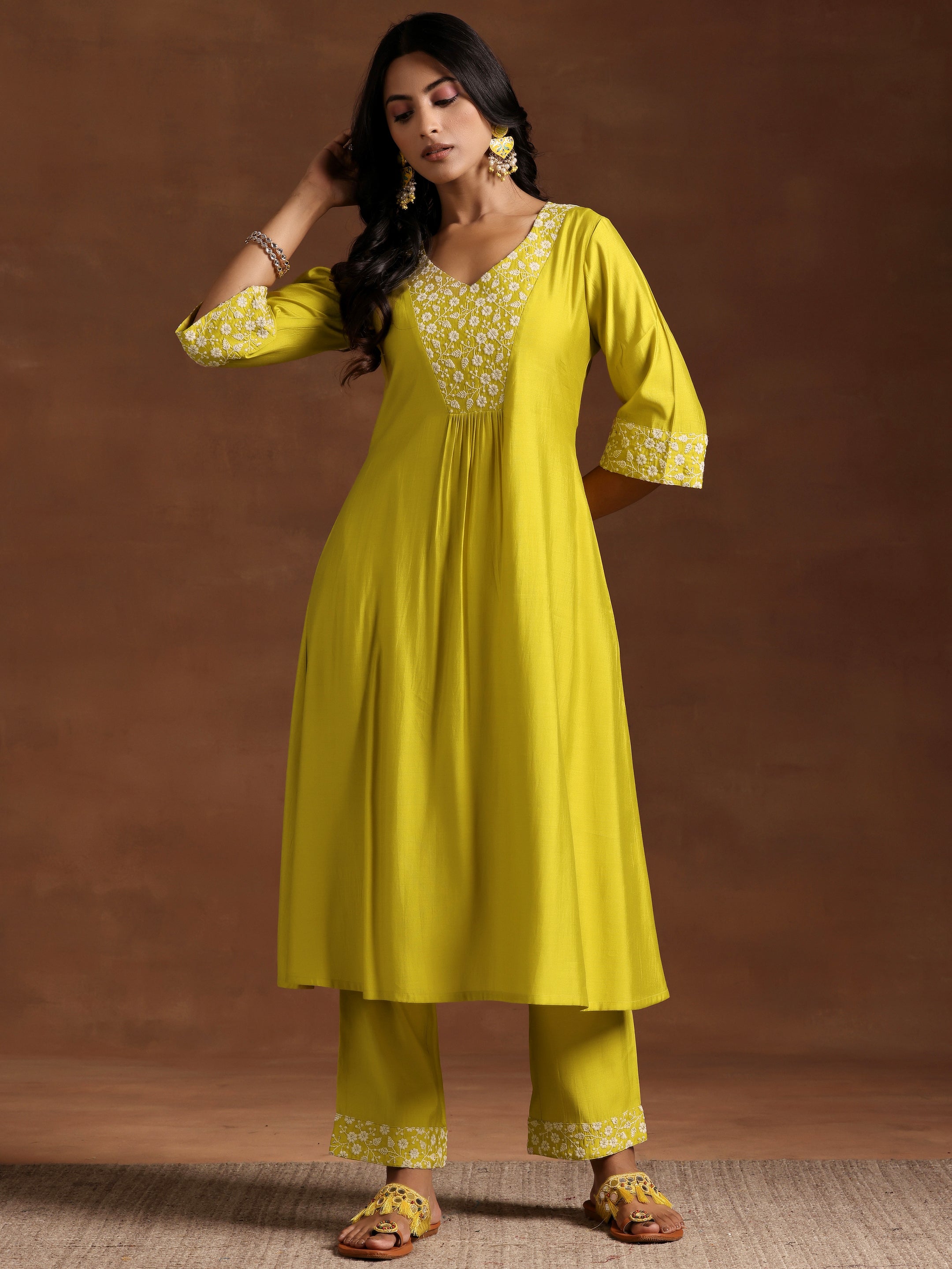 Yellow Yoke Design Silk Blend A-Line Kurta With Trousers