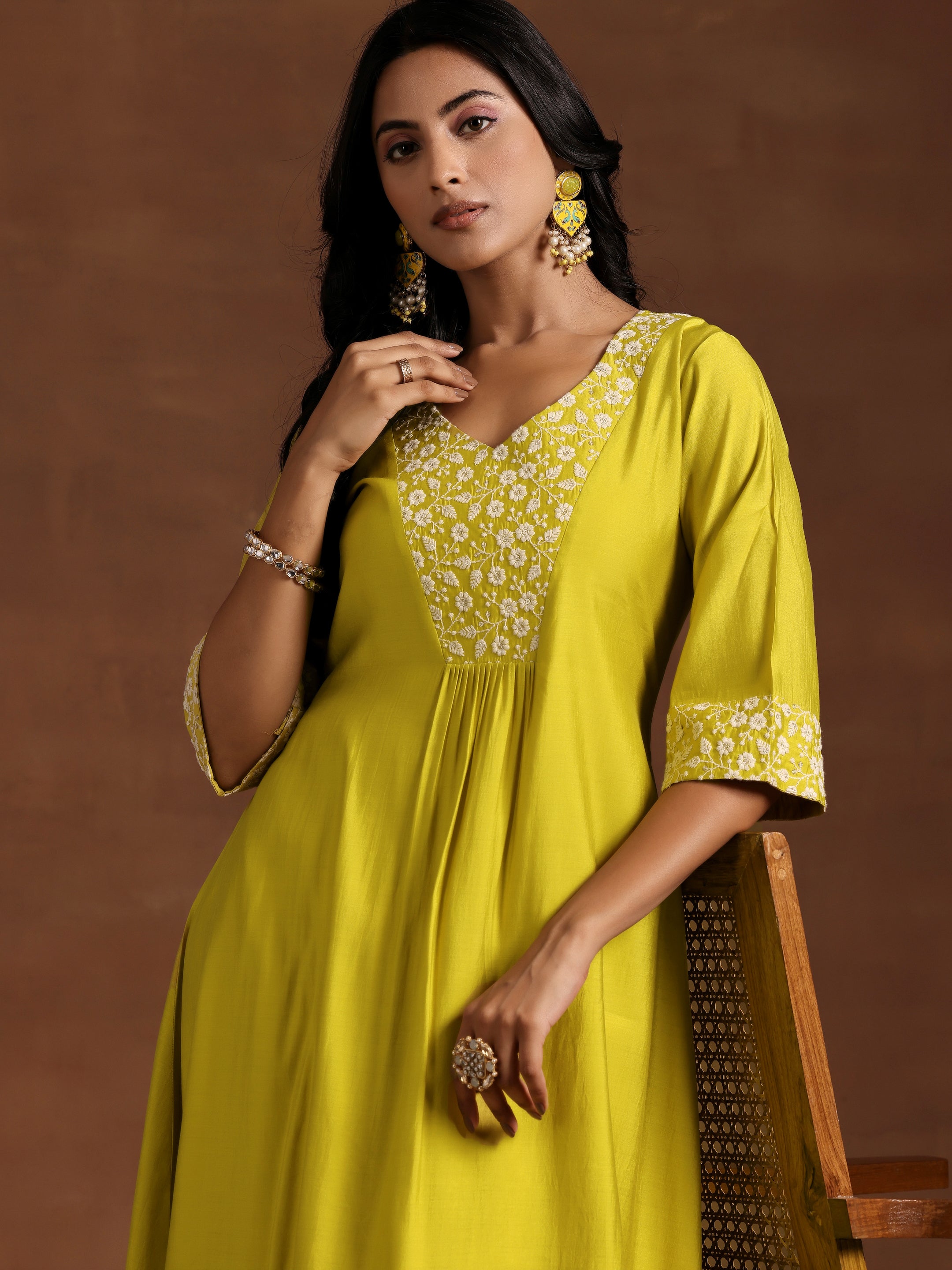 Yellow Yoke Design Silk Blend A-Line Kurta With Trousers