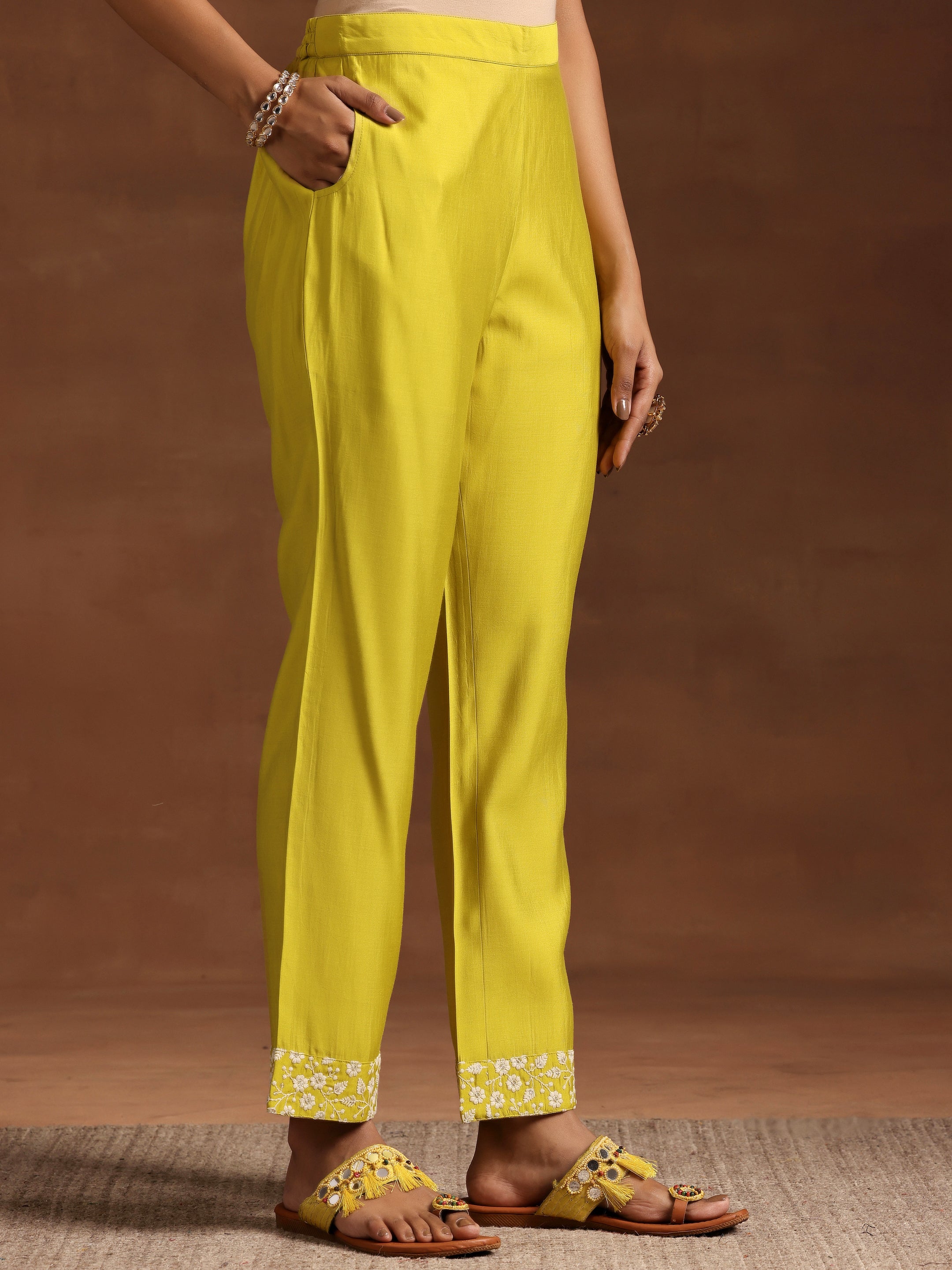 Yellow Yoke Design Silk Blend A-Line Kurta With Trousers