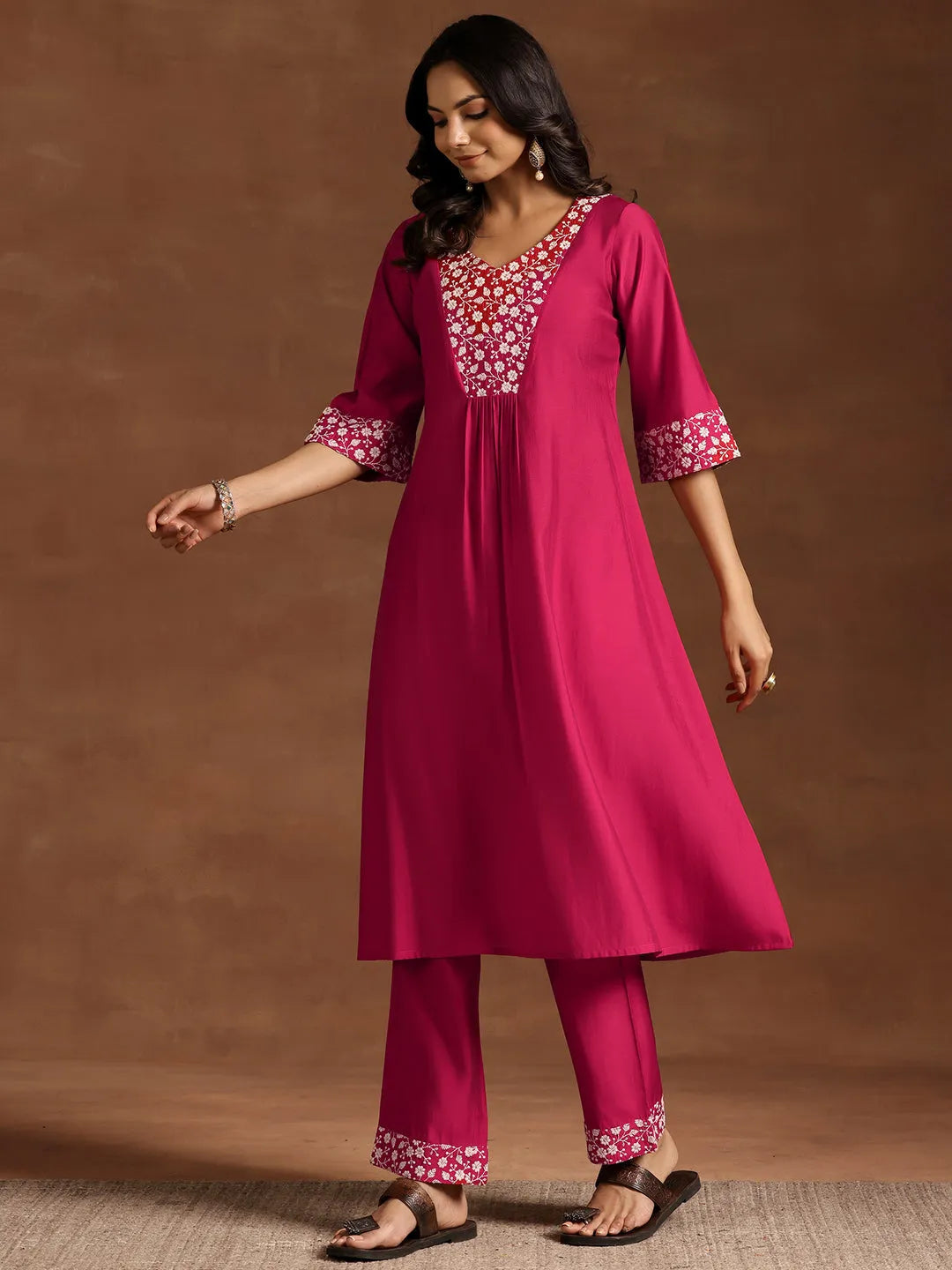 Pink Yoke Design Silk Blend A-Line Kurta With Trousers