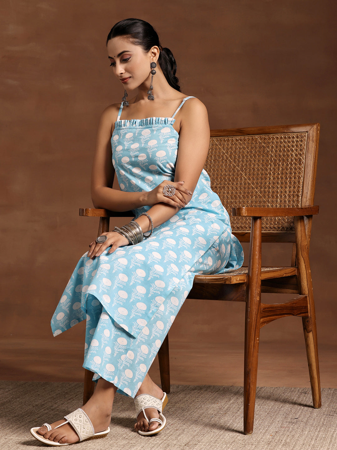 Blue Printed Cotton Straight Kurta Set