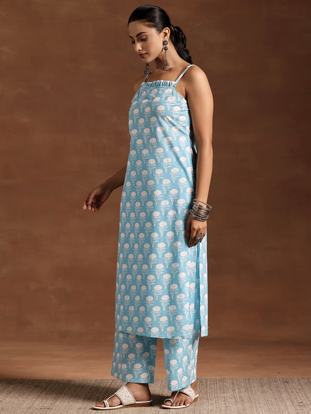 Blue Printed Cotton Straight Kurta Set