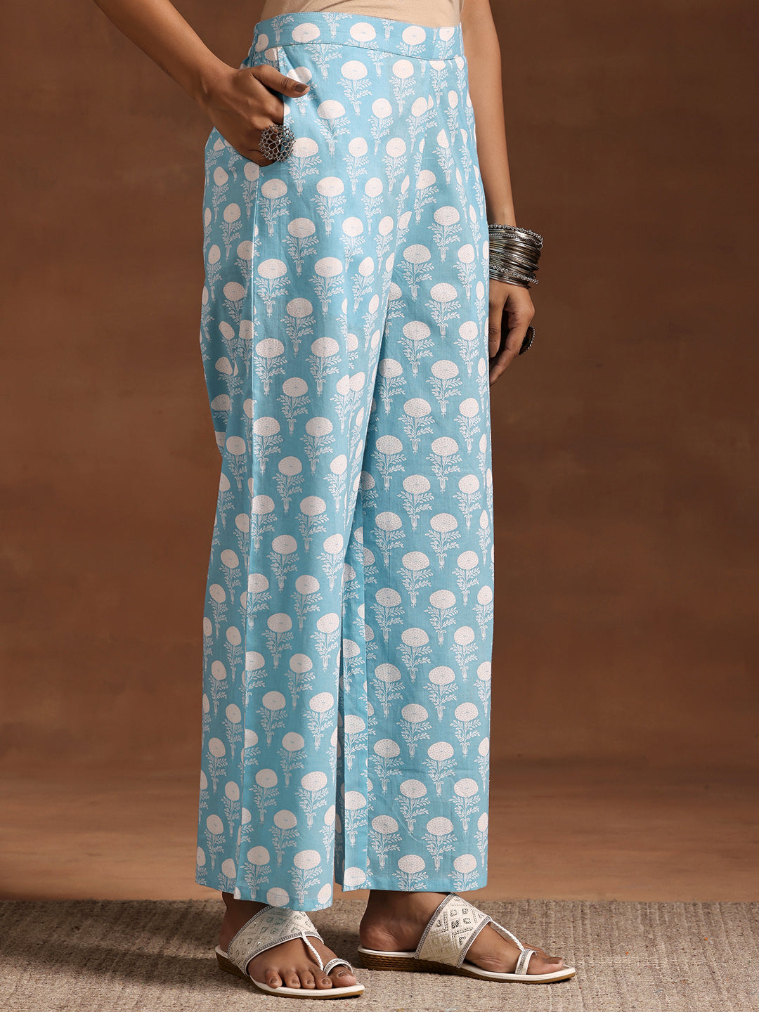 Blue Printed Cotton Straight Kurta Set