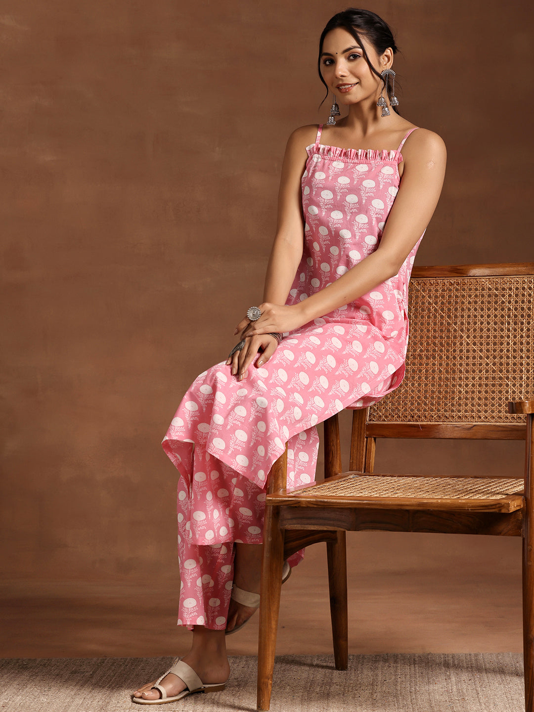 Pink Printed Cotton Straight Kurta Set