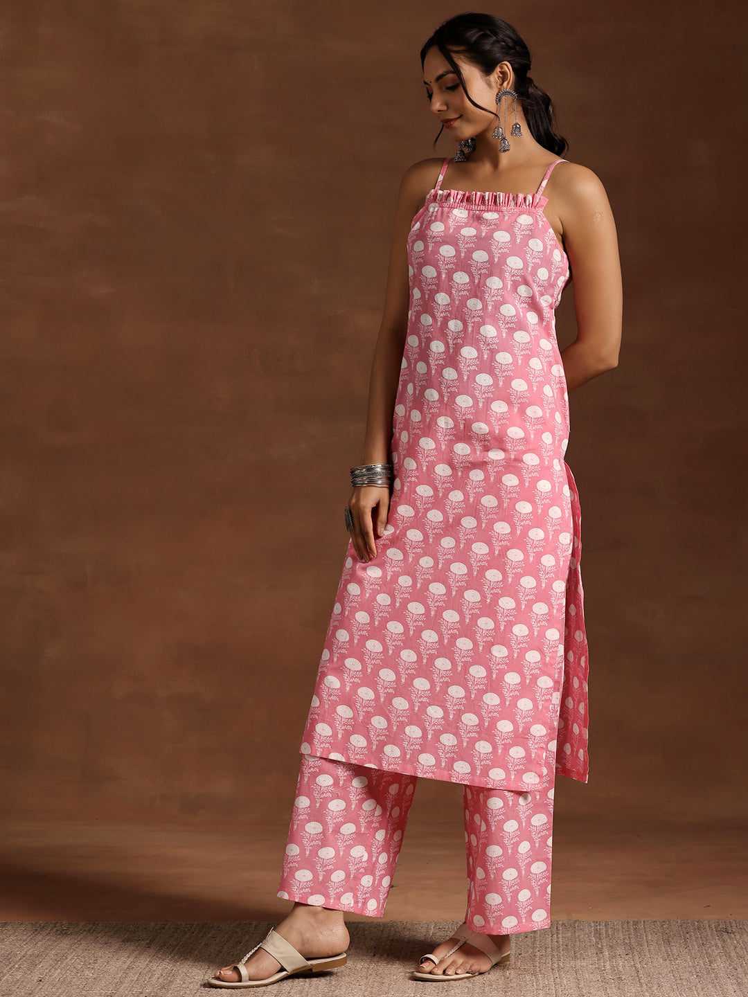 Pink Printed Cotton Straight Kurta Set