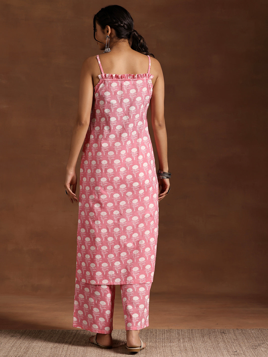 Pink Printed Cotton Straight Kurta Set