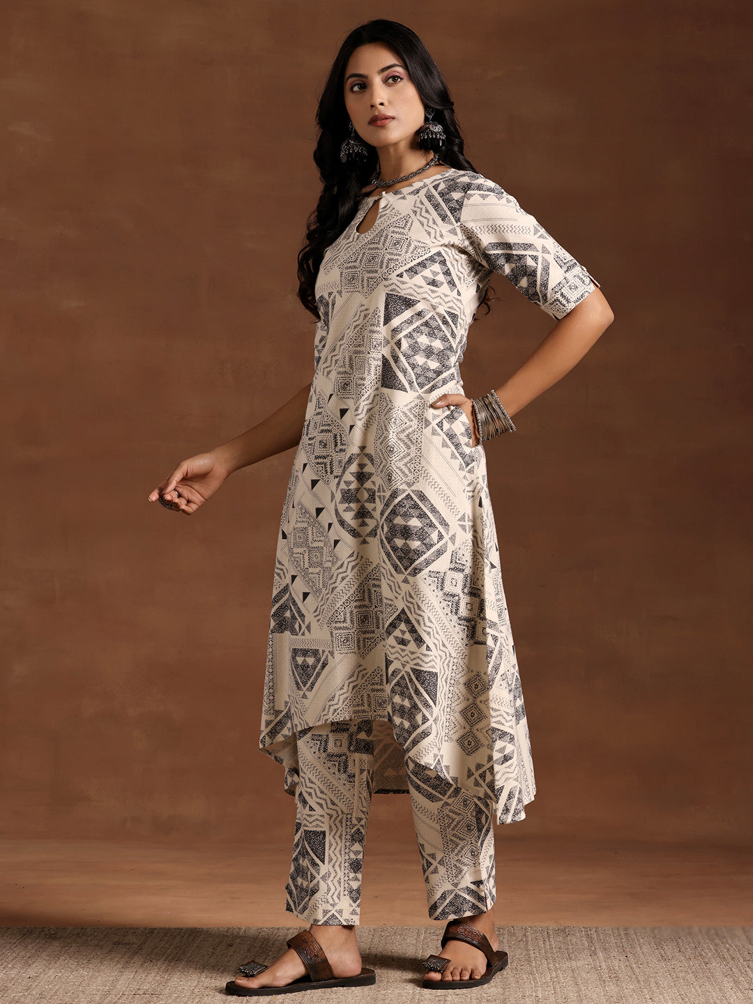 Beige Printed Cotton Straight Kurta Set