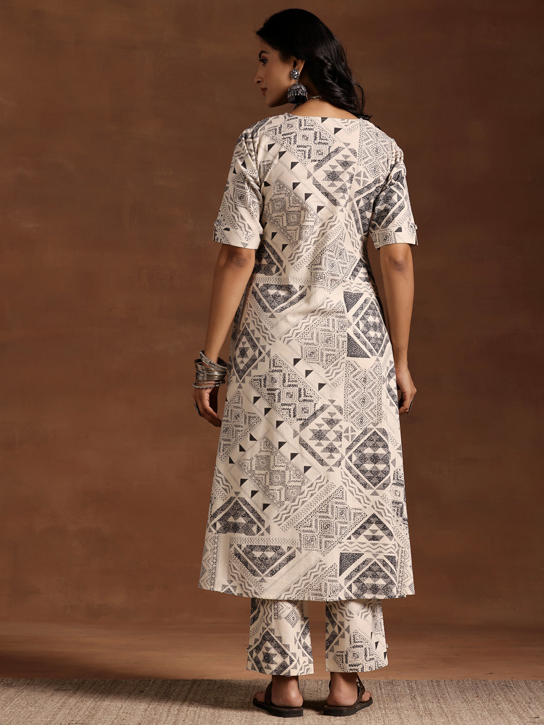 Beige Printed Cotton Straight Kurta Set