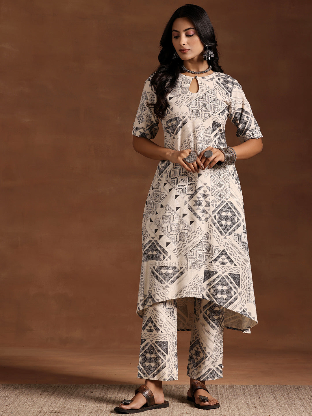 Beige Printed Cotton Straight Kurta Set