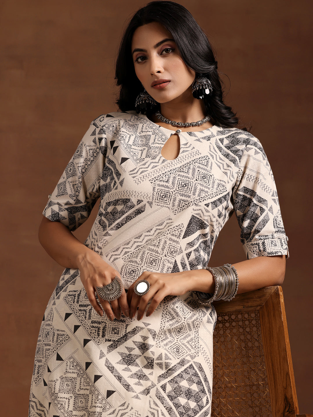 Beige Printed Cotton Straight Kurta Set