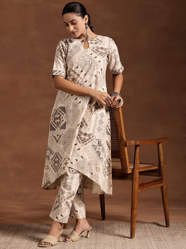 Beige Printed Cotton Straight Kurta Set