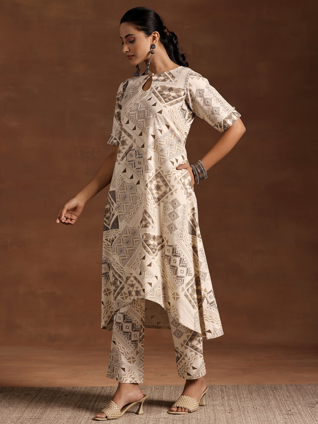 Beige Printed Cotton Straight Kurta Set