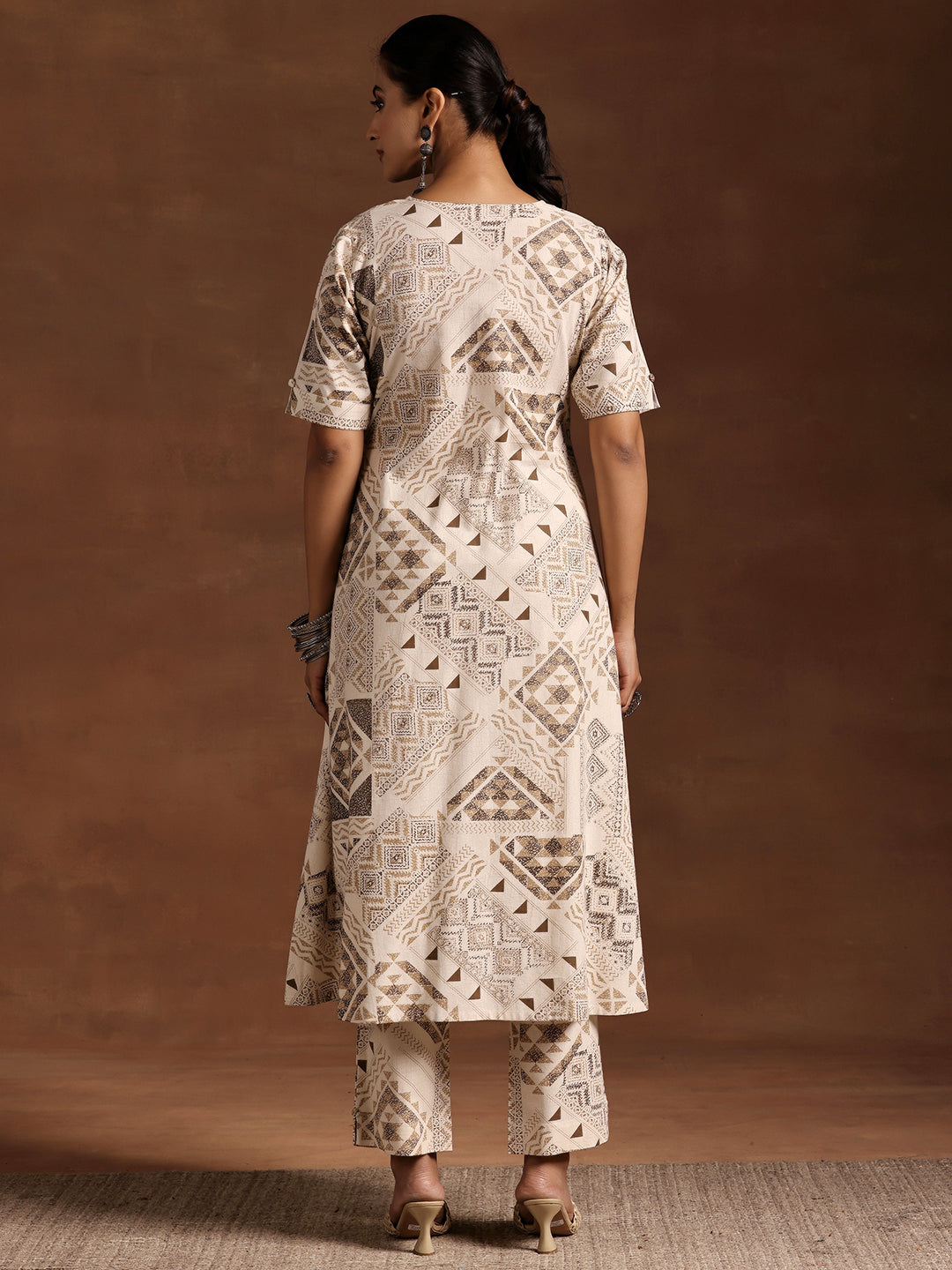 Beige Printed Cotton Straight Kurta Set