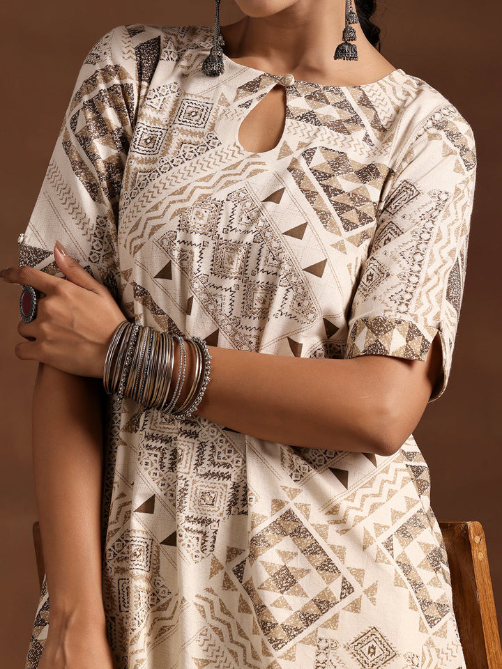 Beige Printed Cotton Straight Kurta Set