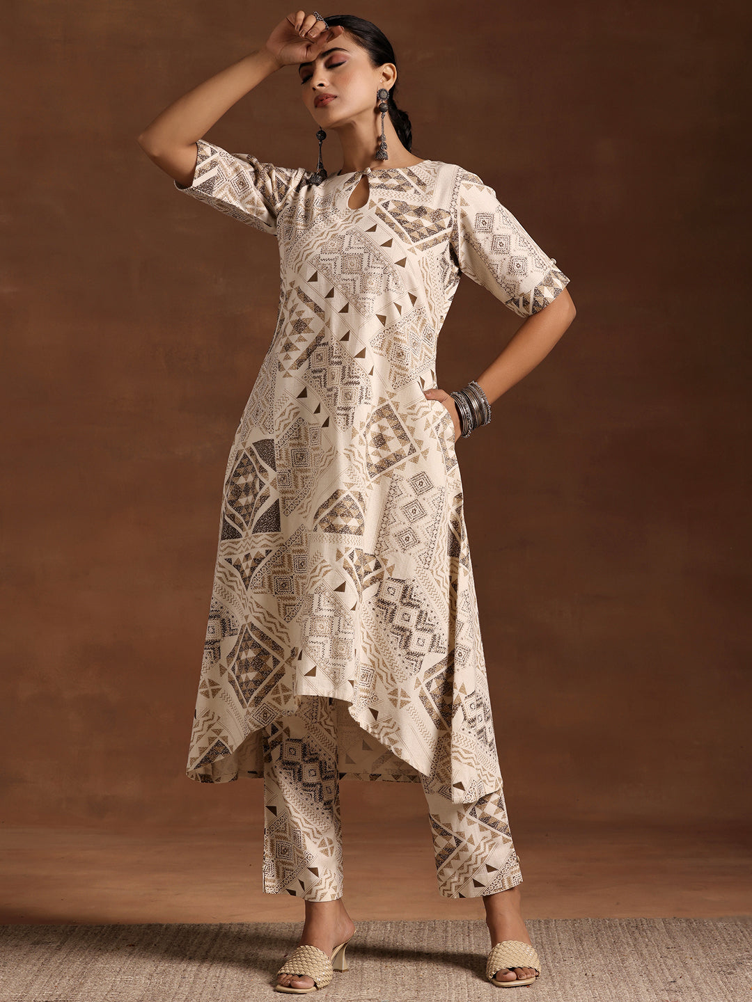 Beige Printed Cotton Straight Kurta Set