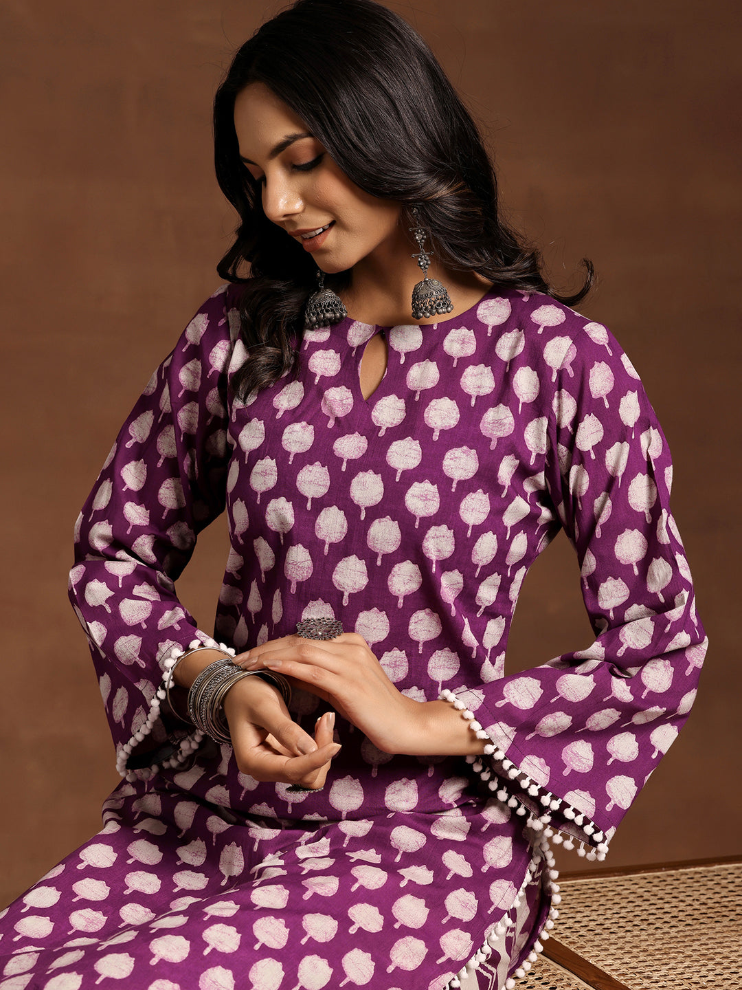 Purple Printed Cotton Straight Kurta Set