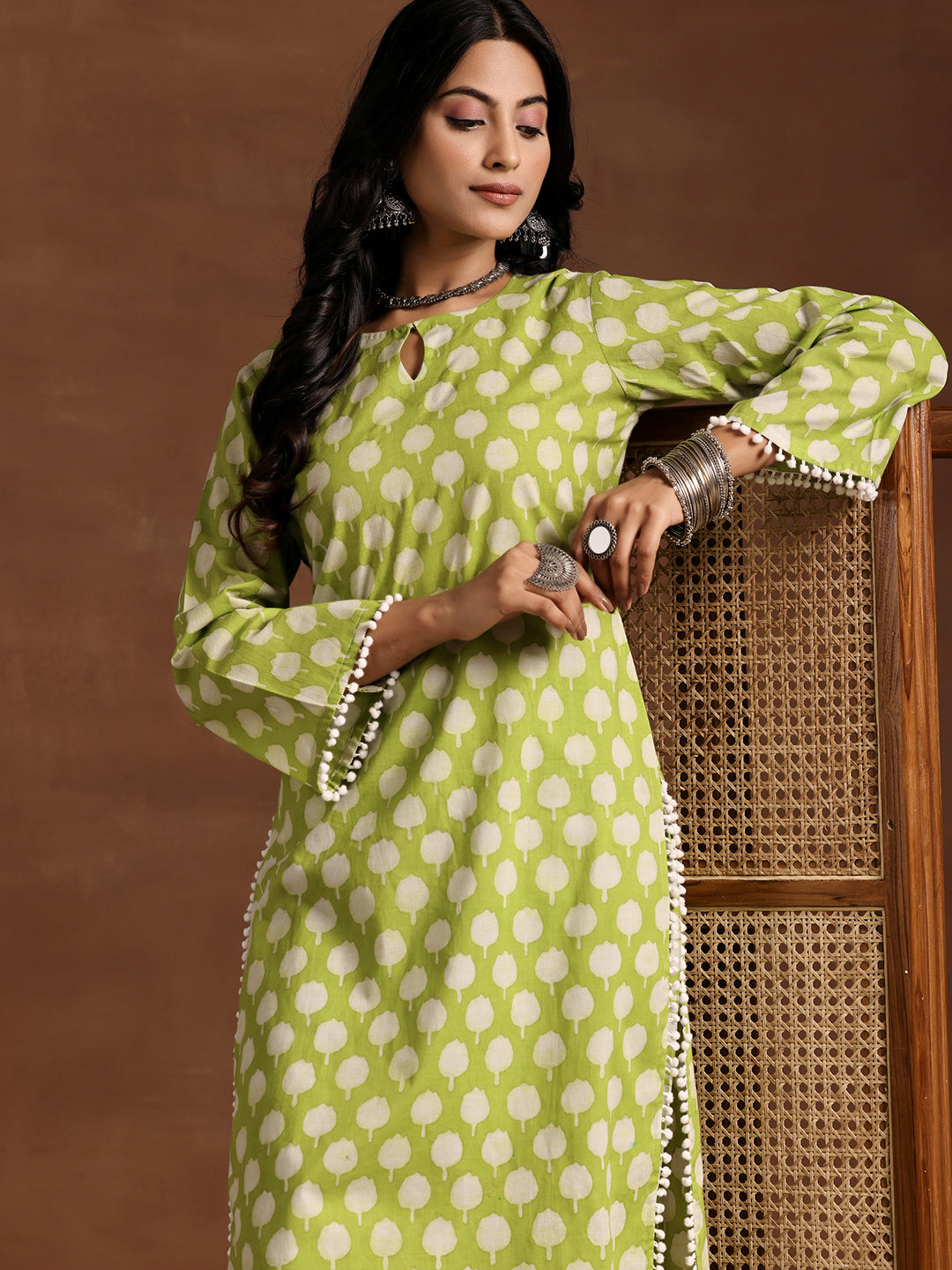 Green Printed Cotton Straight Kurta Set