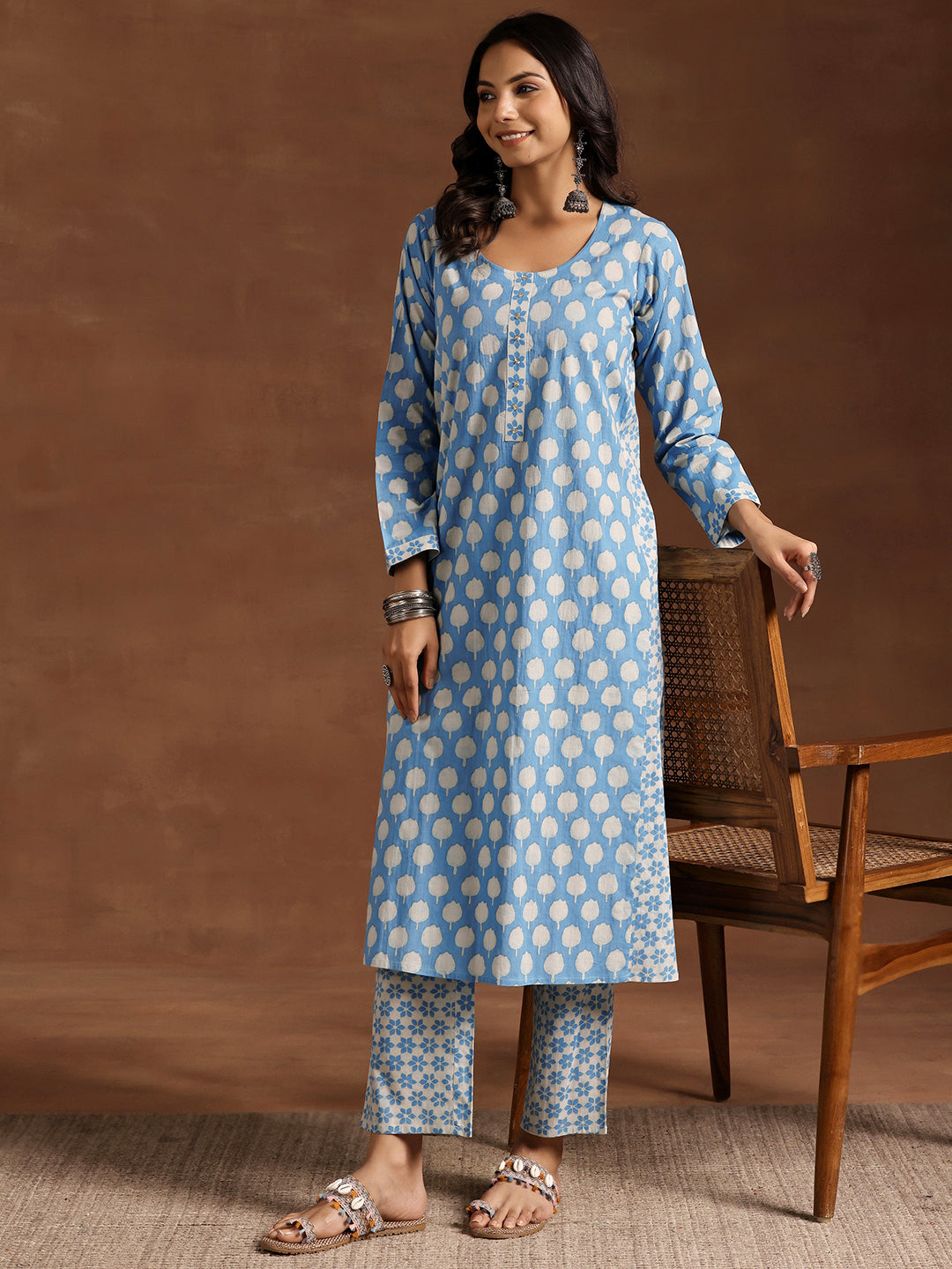 Blue Printed Cotton A-Line Kurta With Trousers