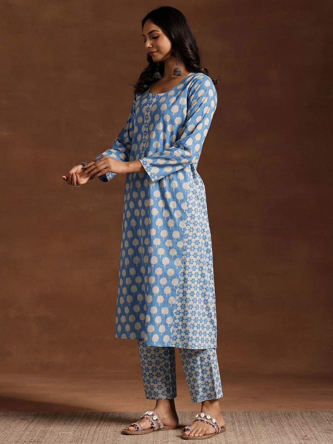 Blue Printed Cotton A-Line Kurta With Trousers